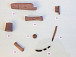 Археологические находки по результатам раскопов: 13 – накладка, 14 – бурунчалка, 15 – гребешок, 16 – кость пиленая, 17 – костяшка от счет, 18 – костяное изделие, 19 – накладка, 20 – стеклянный браслет. 