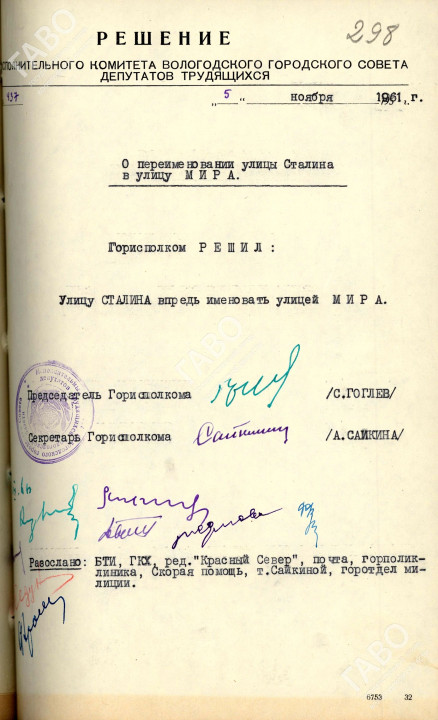 Решение Вологодского горсовета от 05.11.1961 о переименовании ул. Мира. ГАВО. Ф. Р-366. Оп. 1. Д. 1580. Л. 298